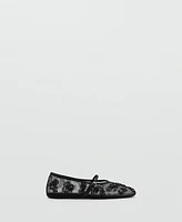 Mango Women's Strap Buckle Embroidered Ballerinas Shoes