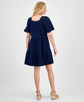 Style & Co Petite Square-Neck Short-Sleeve Tiered Dress, Exclusively at Macy's