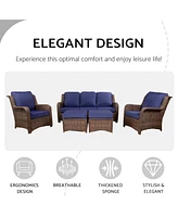 5-Piece Rattan Patio Conversation Set (Gray-Navy)