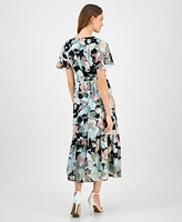 Kasper Women's Printed Swiss Dot Flutter-Sleeve Midi Dress
