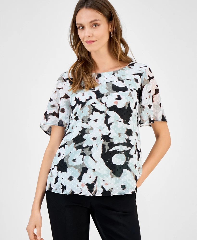 Kasper Women's Printed Swiss Dot Flutter-Sleeve Blouse