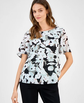 Kasper Women's Printed Swiss Dot Flutter-Sleeve Blouse