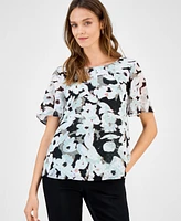 Kasper Women's Printed Swiss Dot Flutter-Sleeve Blouse