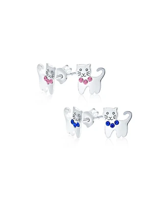 Bling Jewelry Set of 2 Mini Petite Blue Pink Crystal Cat Stud Earrings in Sterling Silver