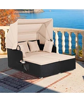 Patio Rattan Daybed Lounge Retractable Top Canopy Side Tables Cushions