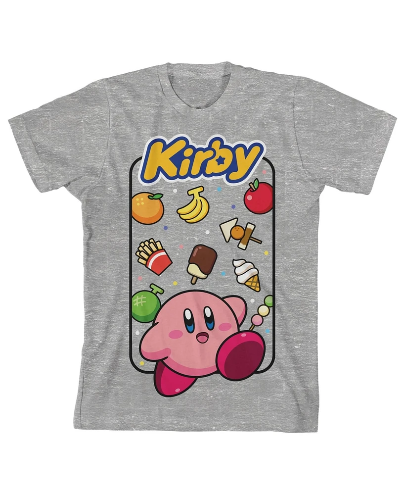 Kirby Boys With Food Background and Logo Youth Heather Gray Graphic Tee-xs