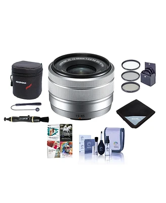 Fujifilm Xc 15-45mm f/3.5-5.6 Ois Pz Lens, Silver, Bundle with Flex Lens Shade, 52mm Filter Kit, Lens Case, Lens Wrap, Lens Cleaner, Lens Cap Tether,