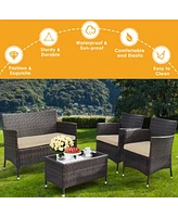 Gymax 8PCS Patio Garden Rattan Furniture Set Coffee Table Cushioned Sofa