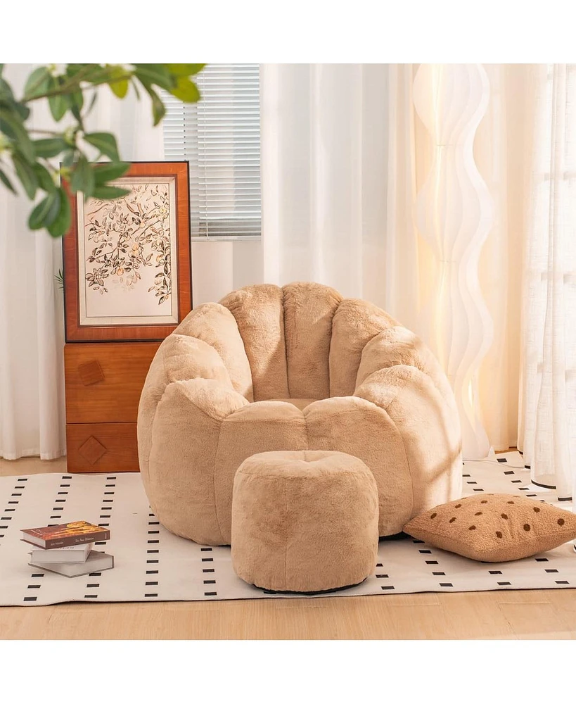 Oversized Faux Fur Bean Bag Chair with Footrest for Adults and Kids Soft Floor Sofa Bedroom Living Room Gaming Reading Lounge Seating