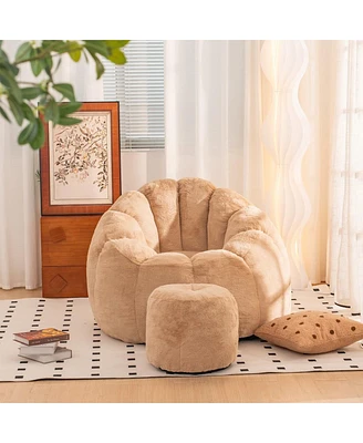 Oversized Faux Fur Bean Bag Chair with Footrest for Adults and Kids Soft Floor Sofa Bedroom Living Room Gaming Reading Lounge Seating