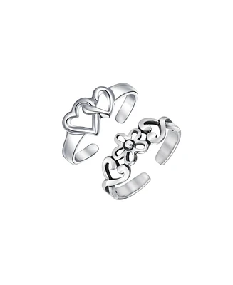 Bling Jewelry Set of 2 Interlocking Hearts & Flower Carved Swirl Midi Toe Ring Sterling Silver