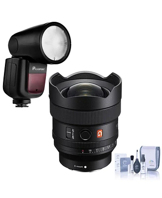 Sony Fe 14mm f/1.8 Gm Prime Lens, Bundle with Flashpoint Zoom Li-on X R2 Ttl On-Camera Round Flash Speedlight, Cleaning Kit