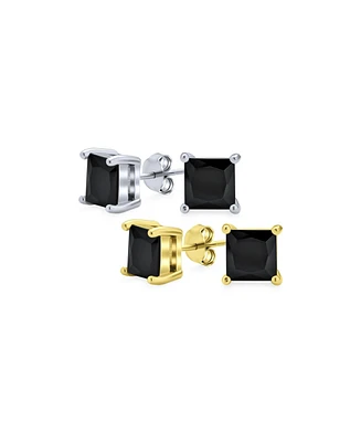 Bling Jewelry Set of 2 Black Square Princess Cut Cz Stud Earrings Gold Sterling Silver