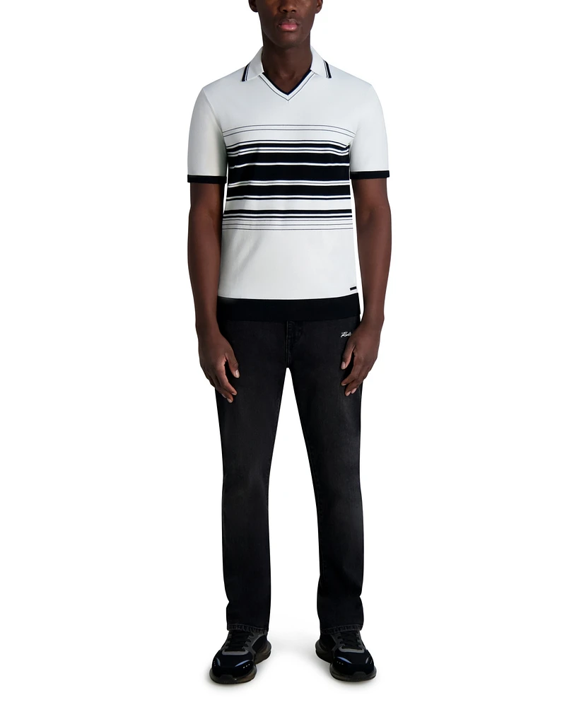Karl Lagerfeld Paris Men's Striped Collared Short-Sleeve Sweater