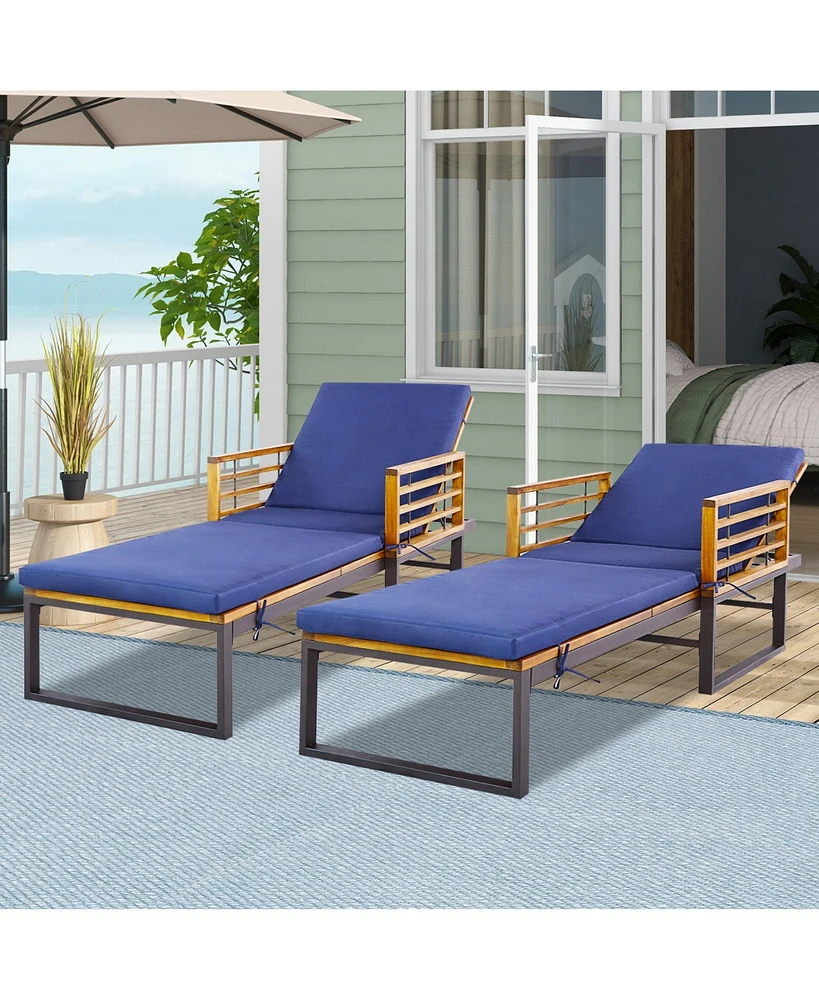 2PCS Patio Cushioned Chaise Lounge Chair Adjustable Reclining Lounger