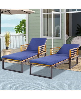2PCS Patio Cushioned Chaise Lounge Chair Adjustable Reclining Lounger