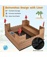 Kids Wooden Sandbox with Bottom Liner and Red Flags