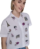 Karl Lagerfeld Paris Petite Cotton Embroidered Short-Sleeve Shirt