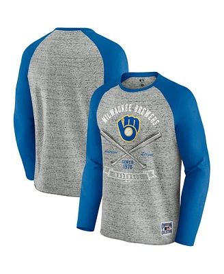 Fanatics Men's Heather Gray Milwaukee Brewers Raw Edge Raglan Long Sleeve Baseball T-Shirt