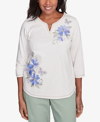 Alfred Dunner Petite Santa Fe Asymmetric Butterfly Floral Embroidered Top