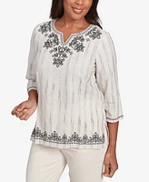 Alfred Dunner Petite Natural Instinct Textured Medallion Embroidered Top