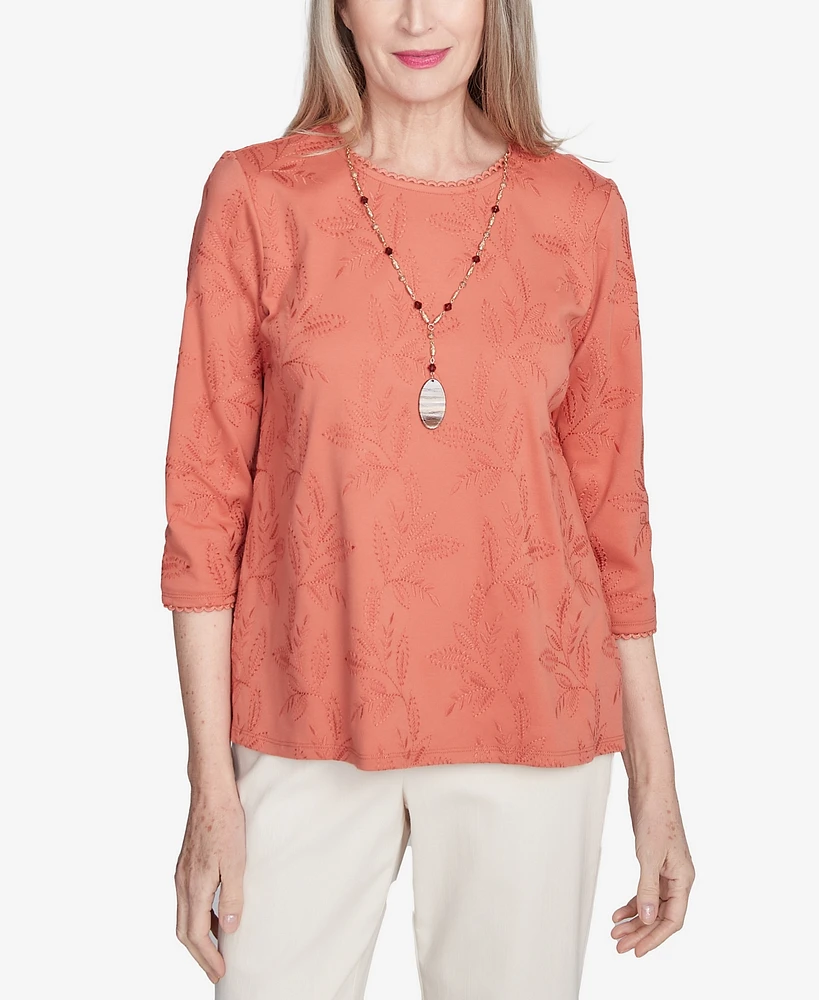 Alfred Dunner Petite Natural Instinct Solid Leaf Embroidered Top With Necklace