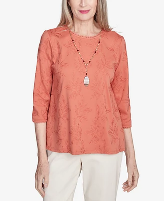 Alfred Dunner Petite Natural Instinct Solid Leaf Embroidered Top With Necklace