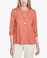 Alfred Dunner Petite Natural Instinct Solid Leaf Embroidered Top With Necklace