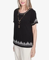 Alfred Dunner Petite Natural Instinct Embroidered Border Tee With Necklace