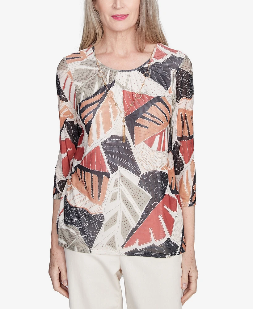 Alfred Dunner Petite Natural Instinct Tropical Mesh Top With Necklace