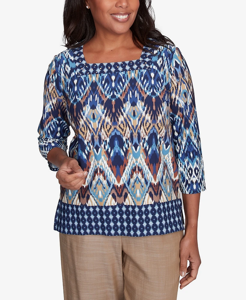Alfred Dunner Petite Summer Solstice Ikat Diamond Border Square Neck Top