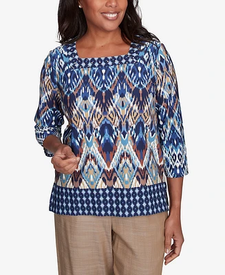 Alfred Dunner Petite Summer Solstice Ikat Diamond Border Square Neck Top