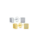 Bling Jewelry Set of 2 Geometric Square Cubic Zirconia Micro Pave CZStud Earrings Gold Sterling Silver