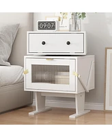 Robot-style bedside table with rotatable head, side table with glass doors, white wooden end table, suitable for bedrooms, living rooms, offices