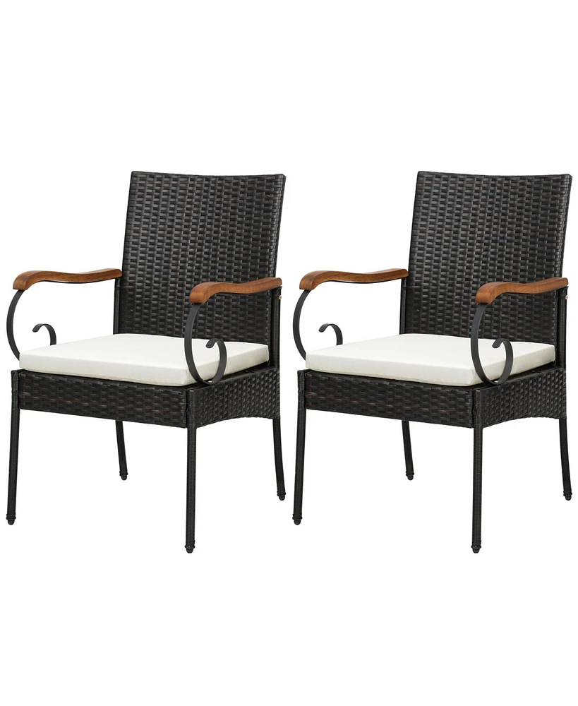 2PCS Patio Pe Wicker Chairs Acacia Wood Armrests withSoft Zippered Cushion Garden