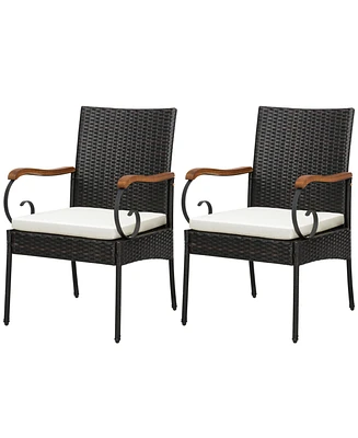 2PCS Patio Pe Wicker Chairs Acacia Wood Armrests withSoft Zippered Cushion Garden
