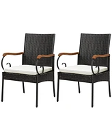 2PCS Patio Pe Wicker Chairs Acacia Wood Armrests withSoft Zippered Cushion Garden