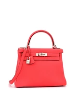 Pre-Owned Hermes Kelly 28 Handbag Red Clemence with Palladium Hardware