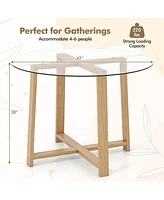 Round Glass Dining Table with Tempered Glass Tabletop and Rubber Wood Legs