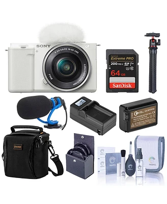 Sony Zv-E10 Mirrorless Camera, White with 16-50mm Lens, Bundle with Battery, 64GB Memory Card, Shotgun Microphone, Octopus Tripod and 40.5mm Filter Ki