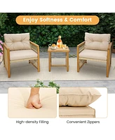 Gymax 3PCS Patio Acacia Wood Pe Wicker Furniture Set w/ Soft Seat & Back Cushions