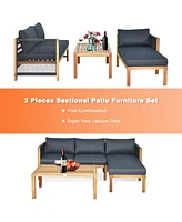 3PCS Patio Sofa Furniture Set Thick Cushion Acacia Wood
