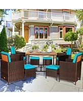 Gymax 9PCS Rattan Wicker Dining Set Patio Outdoor Furniture Set w/ Cushion