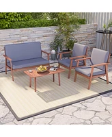 4 Pcs Patio Conversation Set Acacia Wood Sofa Coffee Table with Cushioned Seat