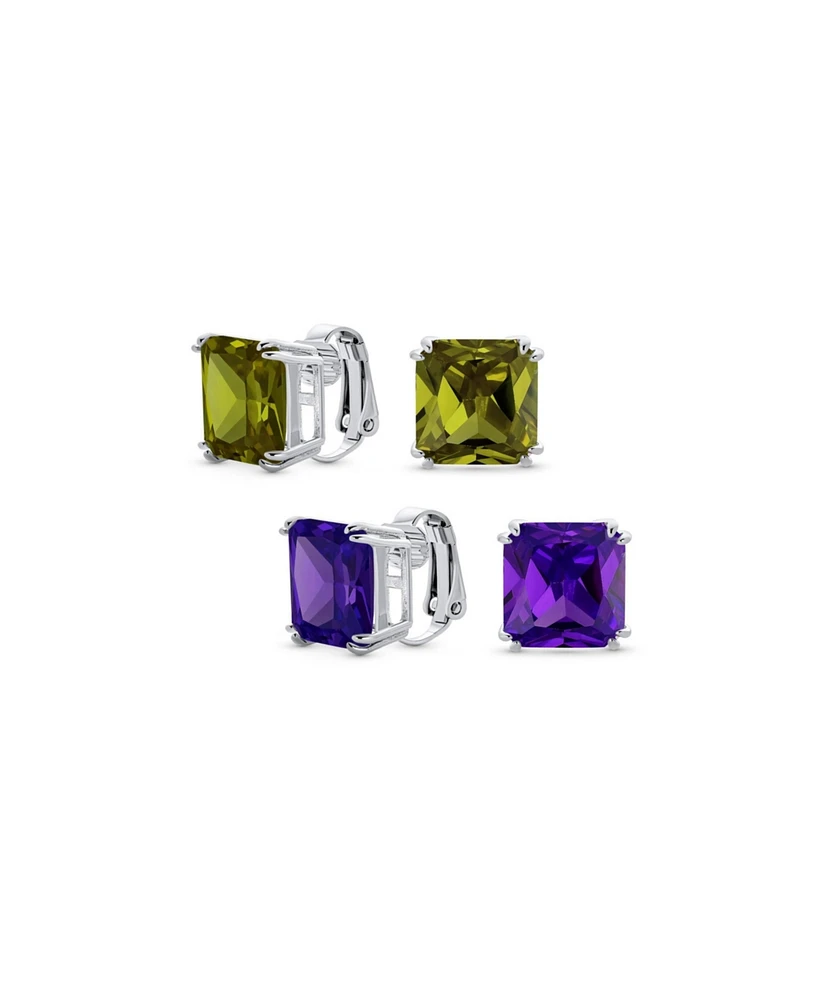 Bling Jewelry Set of 2 Large 5CT Square Cz Solitaire Clip-On Earrings Silver Plated 12MM