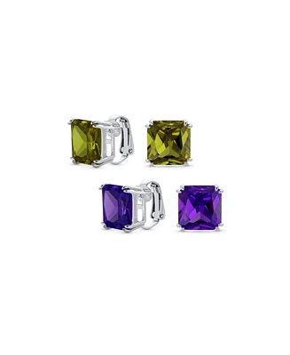 Bling Jewelry Set of 2 Large 5CT Square Cz Solitaire Clip-On Earrings Silver Plated 12MM