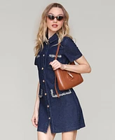 Avec Les Filles Women's Collared Button-Front Mini Denim Dress