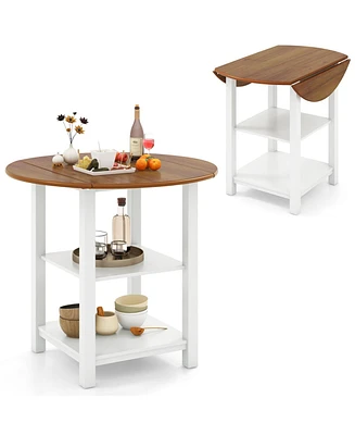 Folding Round Dining Table Drop Leaf Table with 2 Shelves for Small Spaces