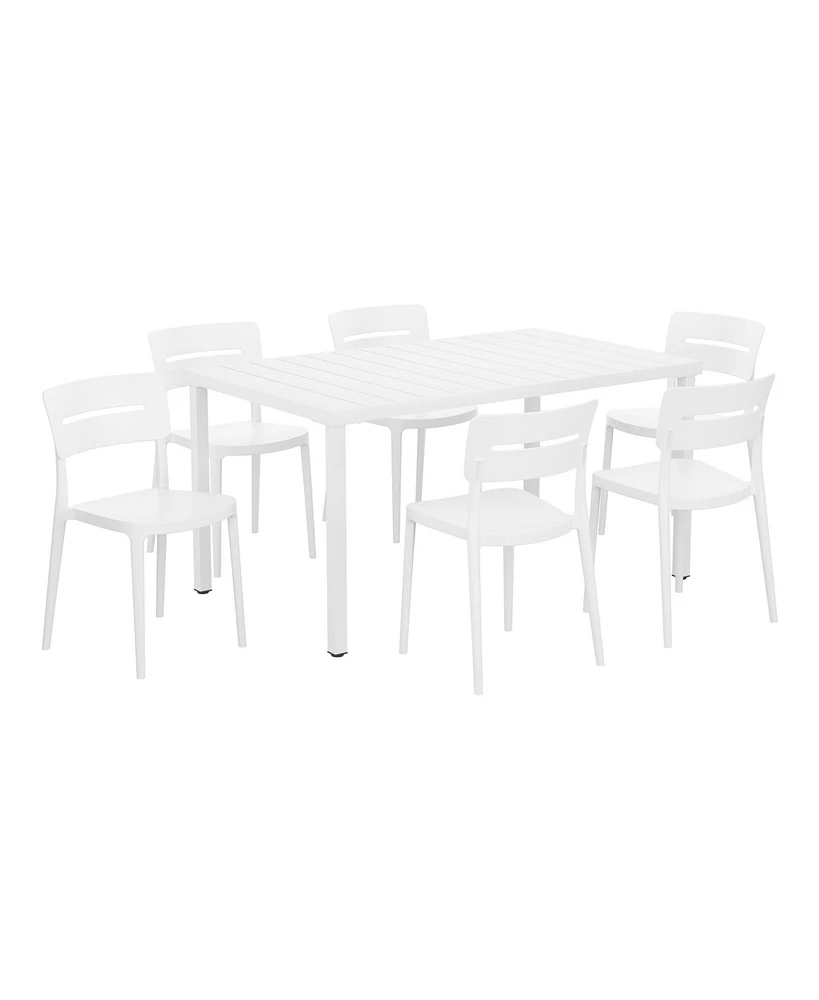 7-Piece Outdoor Rectangular Metal Patio Dining Table Set With Stackable Patio Chairs