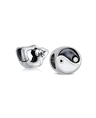 Bling Jewelry Set of 2 Black White Yin Yang Yogi Gymnastics Yoga Pose Charm Bead Enamel Silver